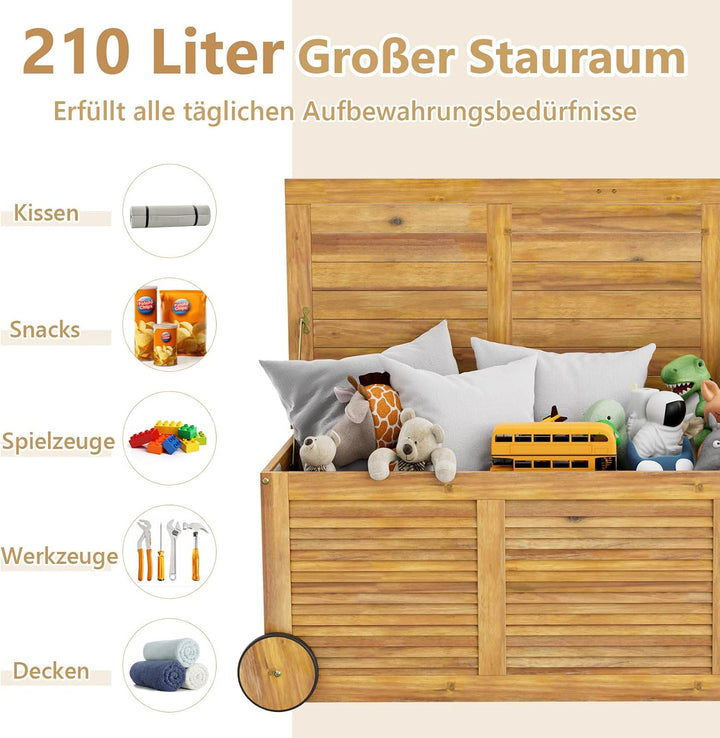 GIANTEX Auflagenbox Kissenbox Akazien Holz 182L, Gartenbox Aufbewahrungsbox mit Rollen, Kissentruhe