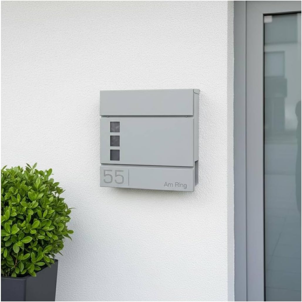 Metzler Briefkasten in Graualuminium RAL 9007 Cube - Name &amp; Hausnummer als Lasergravur - Design Wand