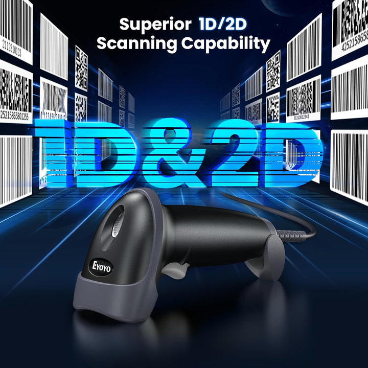 Eyoyo Kabelgebundener USB-2D-Barcode-Scanner – Automatischer Handscanner für QR-Codes, PDF417 und Da