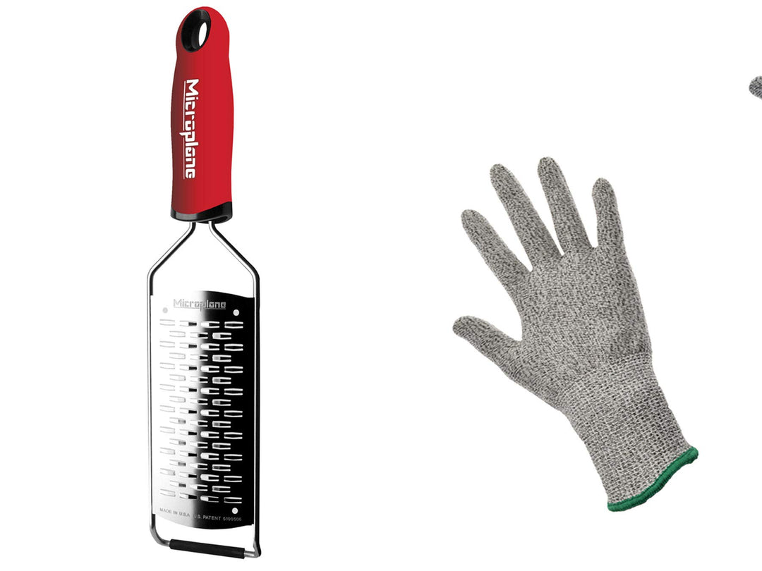 Microplane Gourmet Reibe fein grob sehr grob Sternenklinge Raspel + Prymo Schutzhandschuh Grösse 2-W