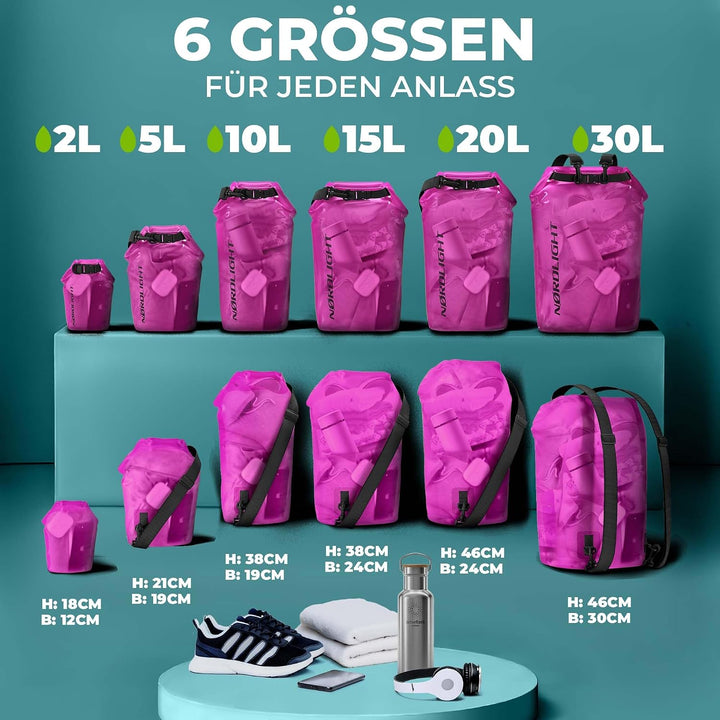 Nordlight Dry Bag wasserdichte Tasche - 2l 5l 10l 15l 20l 30l Liter | Wasserfester Packsack Seesack