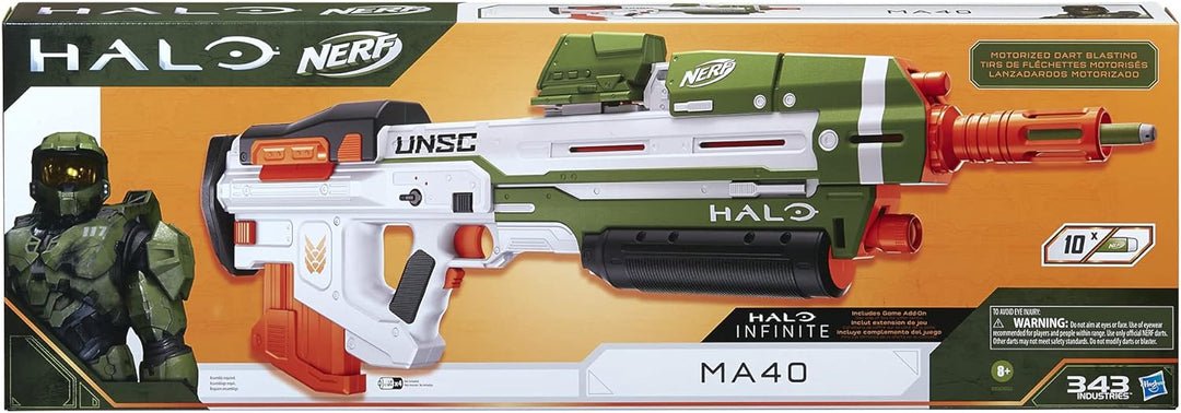 Nerf Halo MA40 motorisierter Dart Blaster – enthält abnehmbares 10-Dart Clip-Magazin, 10 Nerf Elite