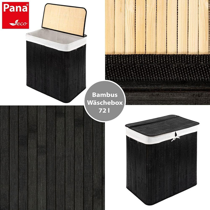 PANA®ECO Bambus Wäschekorb mit Deckel - 72 L, 40x30x60 cm - Farbe: Schwarz | Herausnehmbarer Wäsches
