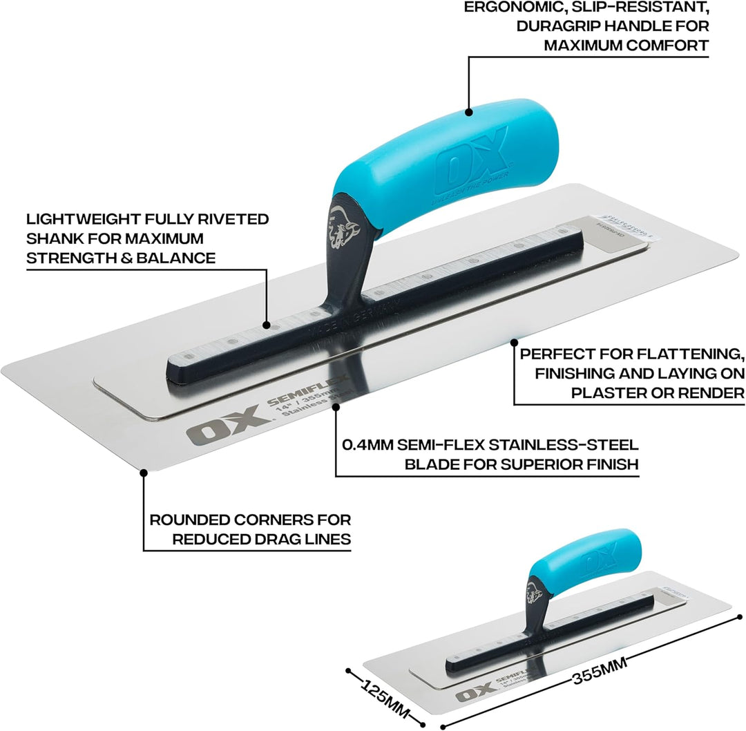 OX Pro Semi Flex Stainless Steel Trowel 14in / 355 x 125 mm, 14in / 355 x 125 mm