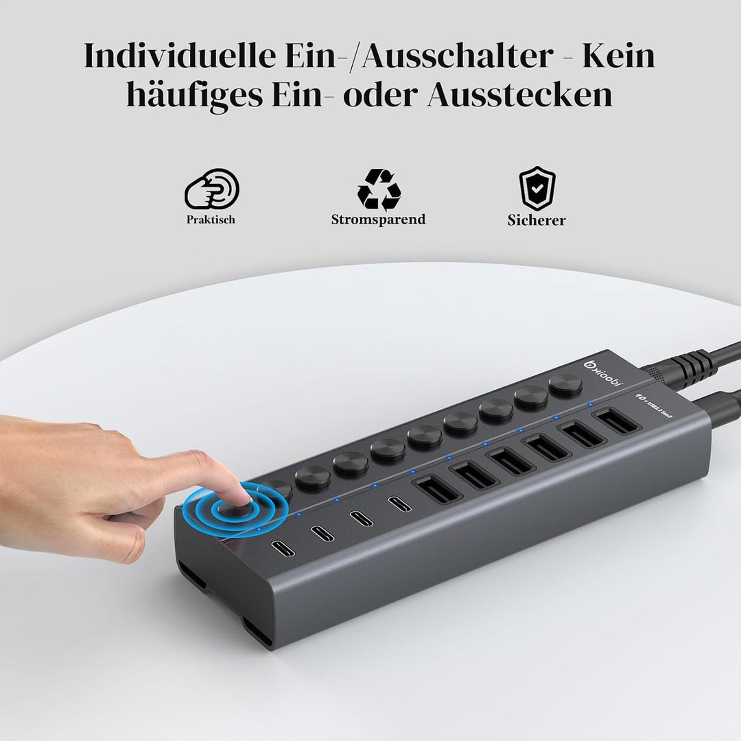10 Port USB Hub mit Netzteil 60W - 10Gbps USB 3.2 Gen 2 Hub Aktiv aus Aluminium mit 6 USB-A & 4 USB-