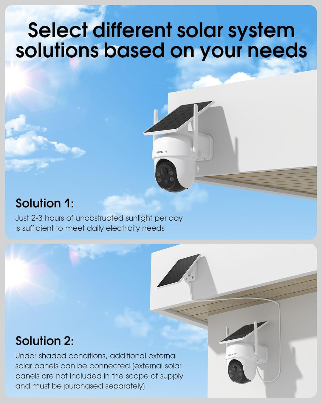 4MP Aussenüberwachungskamera, integriertes Solarpanel, 100 % kabellos für den Aussenbereich, 360°-Dr