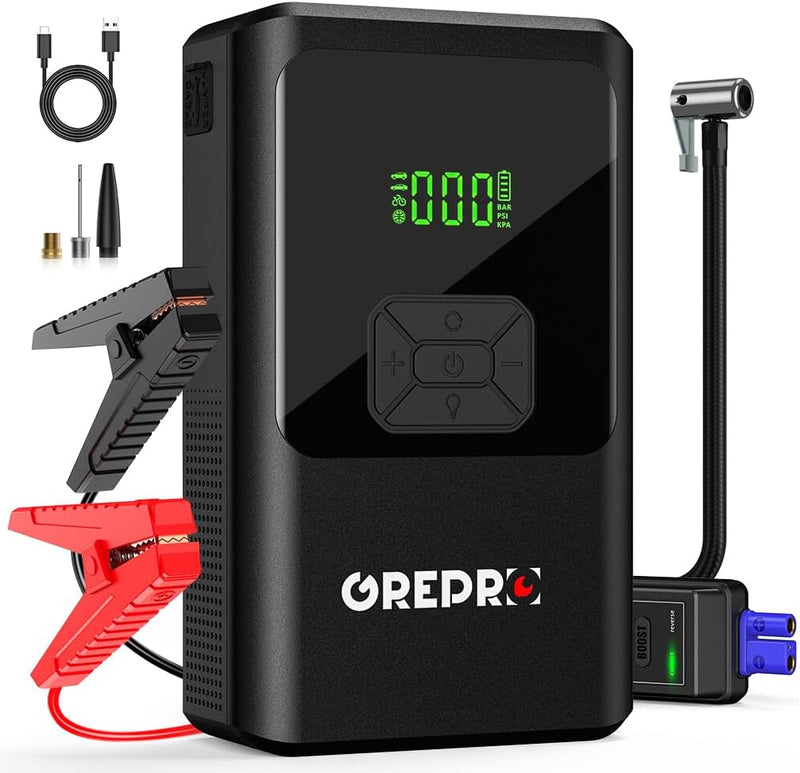 GREPRO 5-in-1 Starthilfe Powerbank mit Kompressor, (bis zu 10.0L Benzin,8.0L Diesel) 150PSI Auto Sta