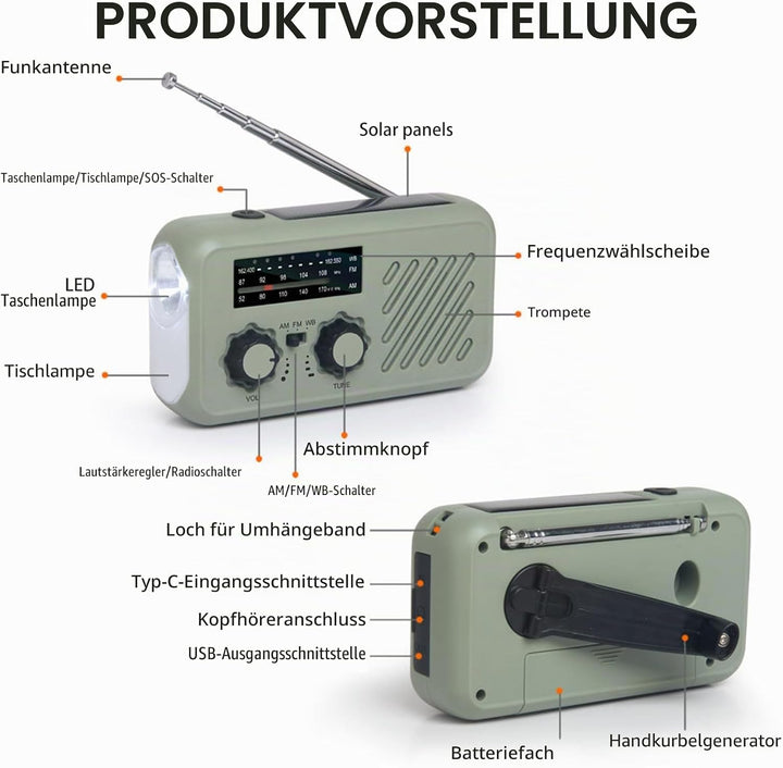 Notfallradio mit Kurbel &amp; 2000 mAh Wiederaufladbare Batterie, Solar Radio mit Weltempfänger, Tragbar