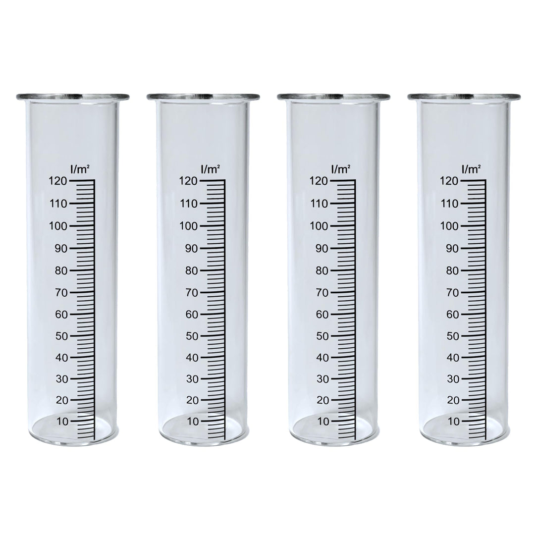 Regenmesser aus Glas mit Skala, 4 Stück, 15cm hoch. Niederschlagsmesser für Gartenstecker