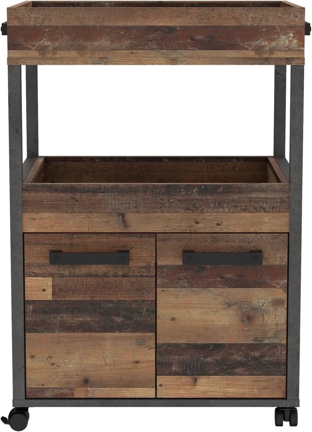 möbelando Servierwagen >Home Bar< auf Rollen, in Old-Wood Vintage Dekor/Betonoptik - 60x88,5x40cm (B