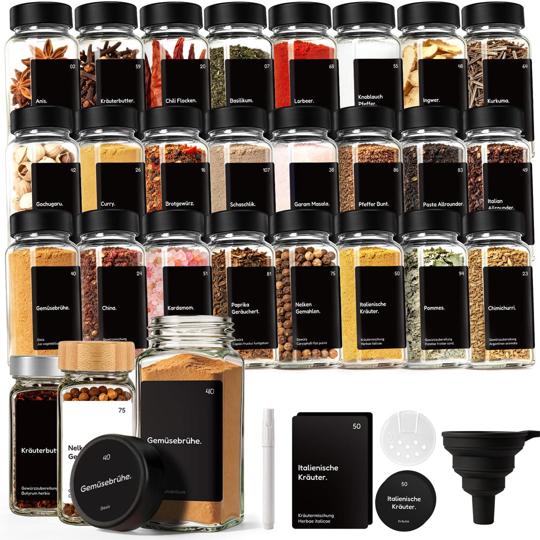 24er Set Gewürzgläser mit Streueinsatz - 120ml Eckig Gewürzdosen Glas mit Deckel Schwarz - Inkl. 342