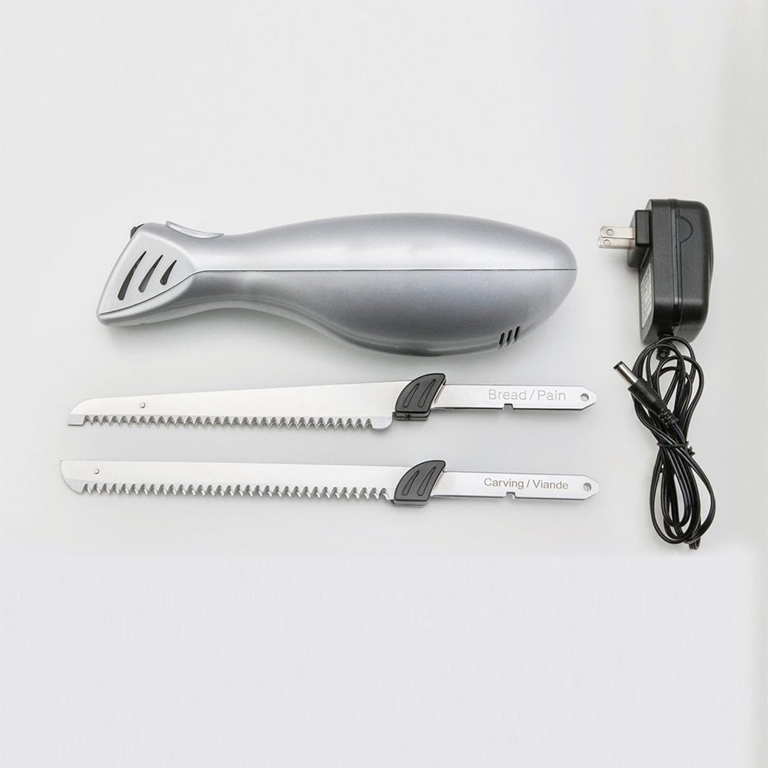 FISHTEC Easy Cut Plus Kabelloses Elektromesser mit Ladegerät und Holzständer zum Schneiden von Brot,