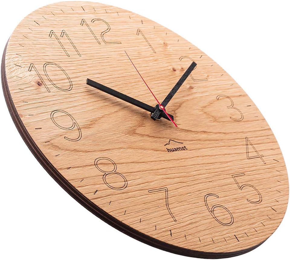 huamet Wanduhr Holz Eiche astig mit arabischen Zahlen Ziffern, runde Design Holzwanduhr, geräuschlos