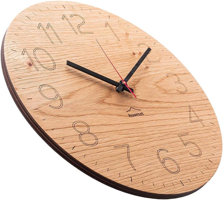 huamet Wanduhr Holz Eiche astig mit arabischen Zahlen Ziffern, runde Design Holzwanduhr, geräuschlos