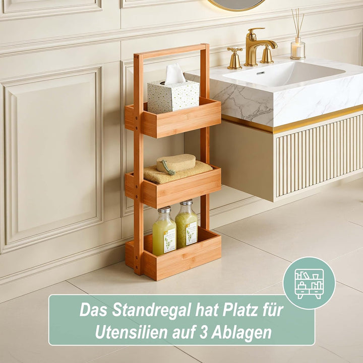 Relaxdays Badregal, mit 3 Ablagen, HxBxT: 70 x 26 x 17 cm, Standregal für Badezimmer &amp; Küche, Bambus