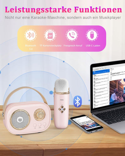 PRUNUS Karaoke Maschine Kinder mit 2 Mikrofonen, Mini Karaoke Set mit Stereosound und Heavy Bass für