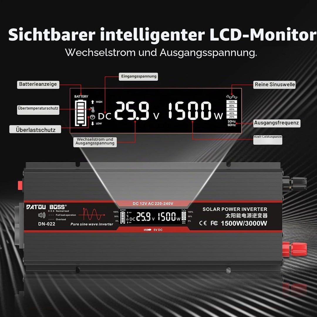 DATOUBOSS Wechselrichter 24v auf 230v Reiner Sinus 1500W/3000W Spannungswandler mit LCD-Display,USB