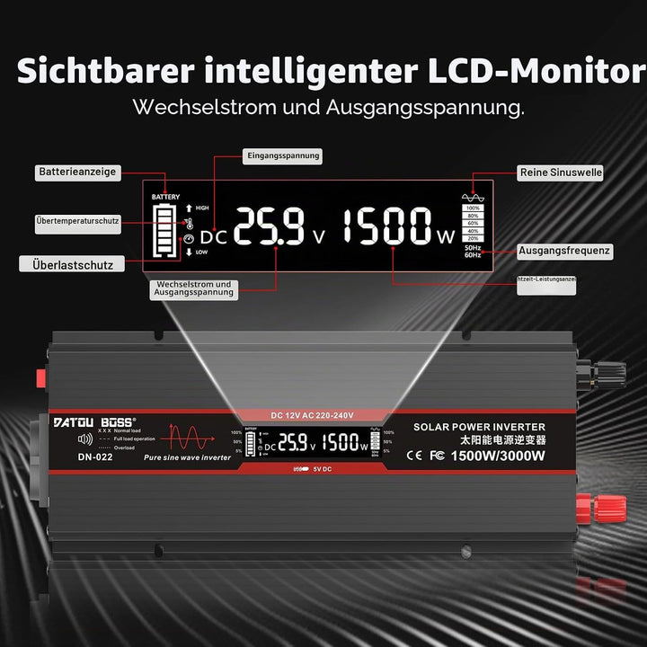 DATOUBOSS Wechselrichter 24v auf 230v Reiner Sinus 1500W/3000W Spannungswandler mit LCD-Display,USB