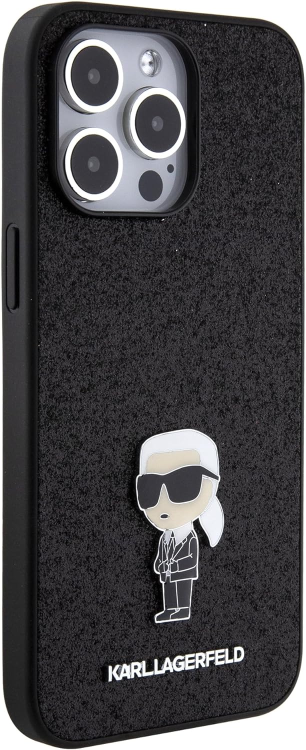 CG Mobile Karl Lagerfeld Fixed Glitter Case with Ikonik Logo Metal Pin for iPhone 15 Pro -Bla Schwar