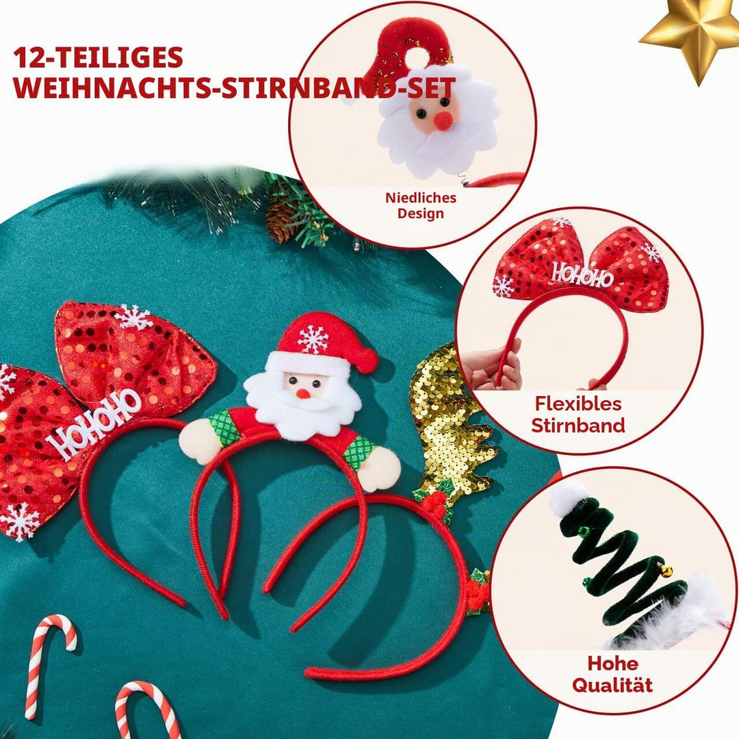 JOYIN 12 Packungen Weihnachts-Stirnbänder mit verschiedenen Designs, Weihnachts-Kopfbedeckungen, Fei