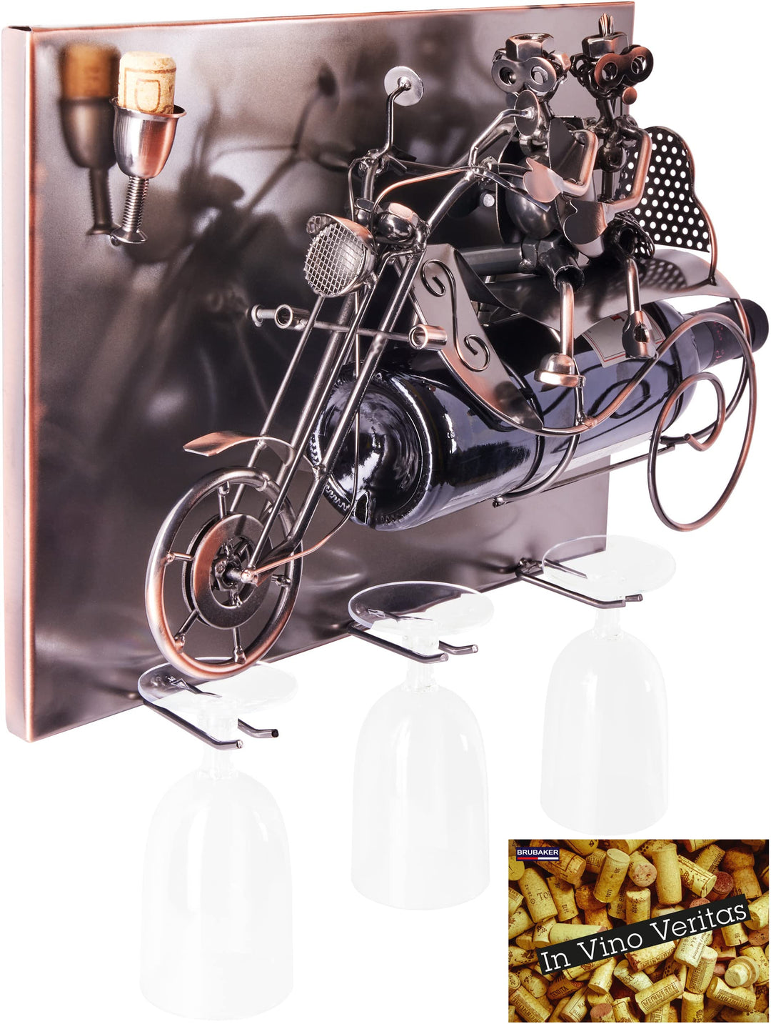 BRUBAKER Weinflaschenhalter Paar auf einem Motorrad - Wall Art Bild Metall - mit 3 Glashaltern - ink