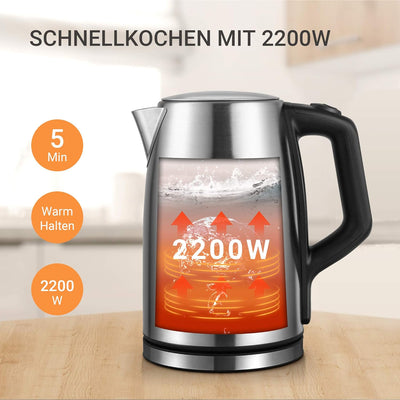 Midea Wasserkocher aus Edelstahl 1,7 Liter, Wasserkocher mit Temperatureinstellung (40, 60, 70, 80,