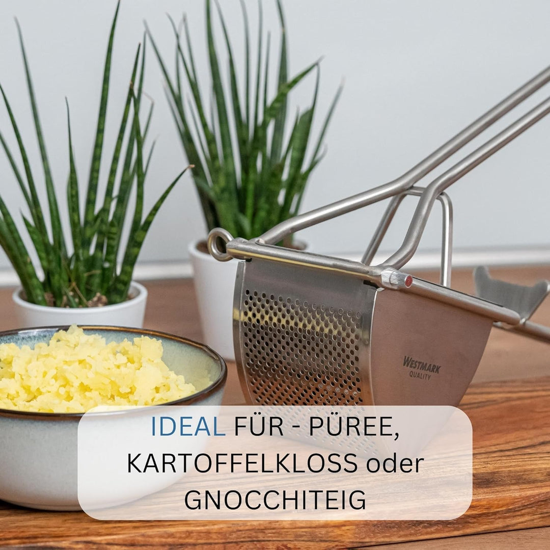 Westmark Kartoffelpresse, Mit Rund-Lochung, Rostfreier Edelstahl, Länge: 30 cm, Triangel, Silber,