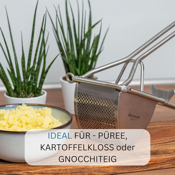 Westmark Kartoffelpresse, Mit Rund-Lochung, Rostfreier Edelstahl, Länge: 30 cm, Triangel, Silber,