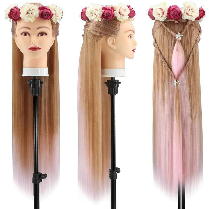 Trainingsköpfe, 28 Zoll Frisierkopf für Friseure, 100% Kunstfaser Haar Übungskopf, mit DIY Strickset