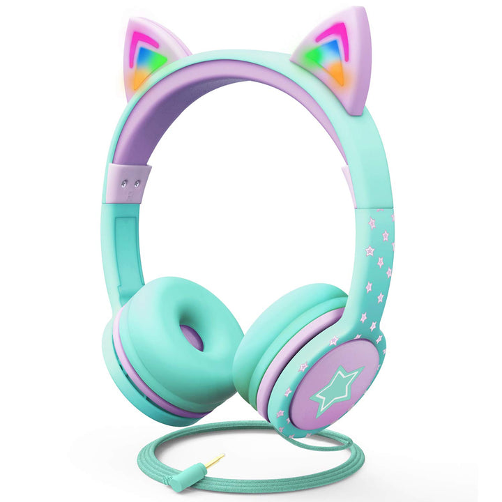 FosPower - Kopfhörer Kinder mit LED leuchten Katzenohren | 3,5mm On Ear Audio Kopfhörer für Kinder m