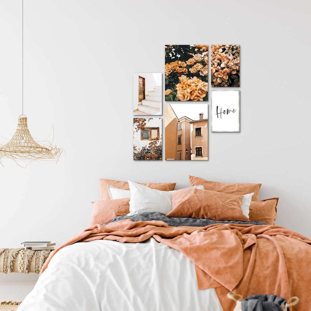 Novart Bilder Set - AUFHÄNGFERTIG - KEIN EXTRA RAHMEN BENÖTIGT - Home Blumen Modern Orange - Wohnzim