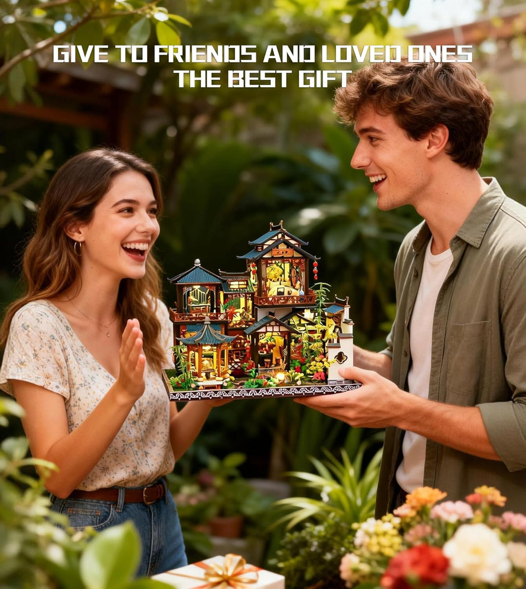 Spilay DIY Miniature House, Chinesisches Gartenhaus Miniatur Puppenhaus mit Musikbox & Staubschutzha