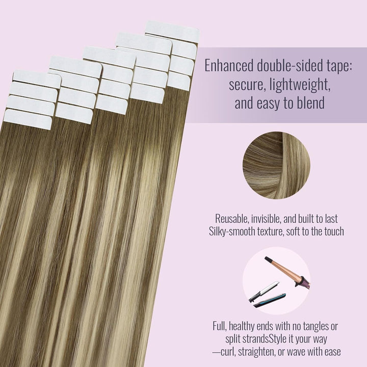 Fshine Tape Extensions Echthaar Skin Weft Tape Ins 20 Stück Balayage Mittelbraun übergehend in Plati