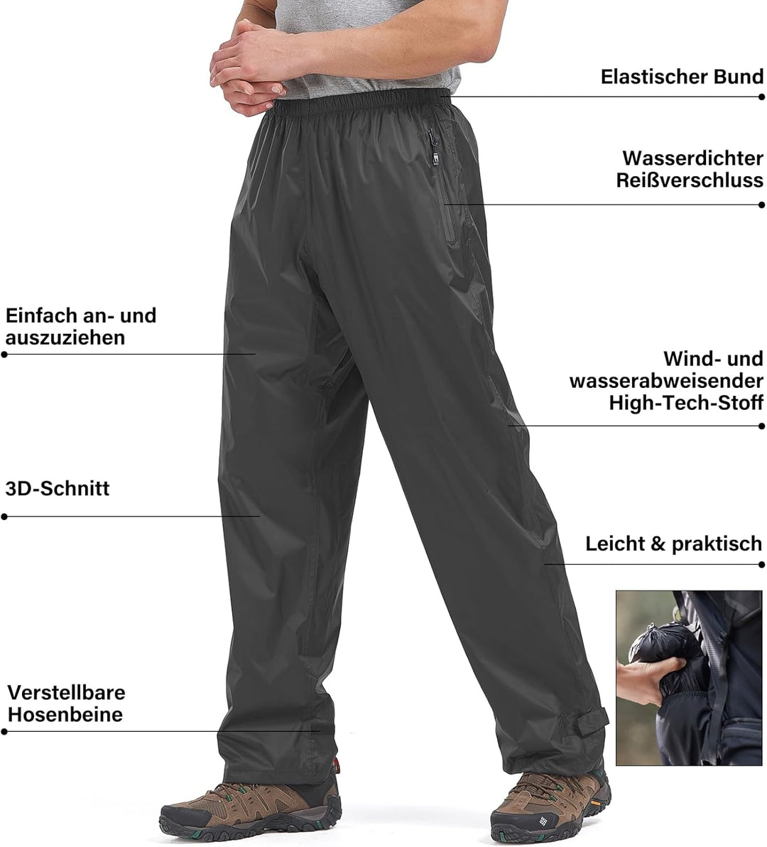 Asfixiado Regenhose Herren Fahrrad Leichte wasserdichte Winddichte Outdoorhose zum Wandern Camping T