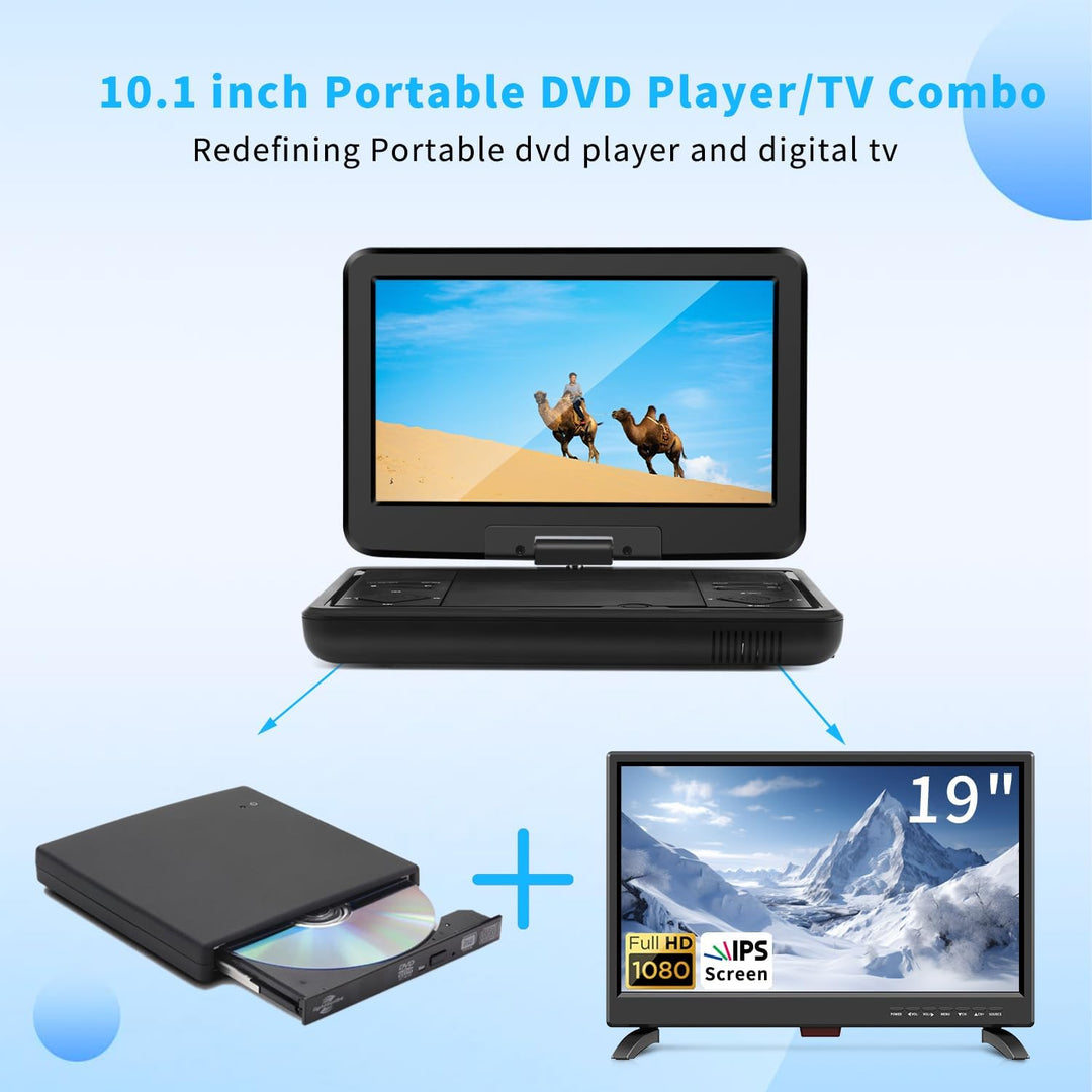 KCR Tragbarer DVD-Player, 25,7 cm (10,1 Zoll), eingebauter TV, DVB-T2 mit schwenkbarem LED-Bildschir