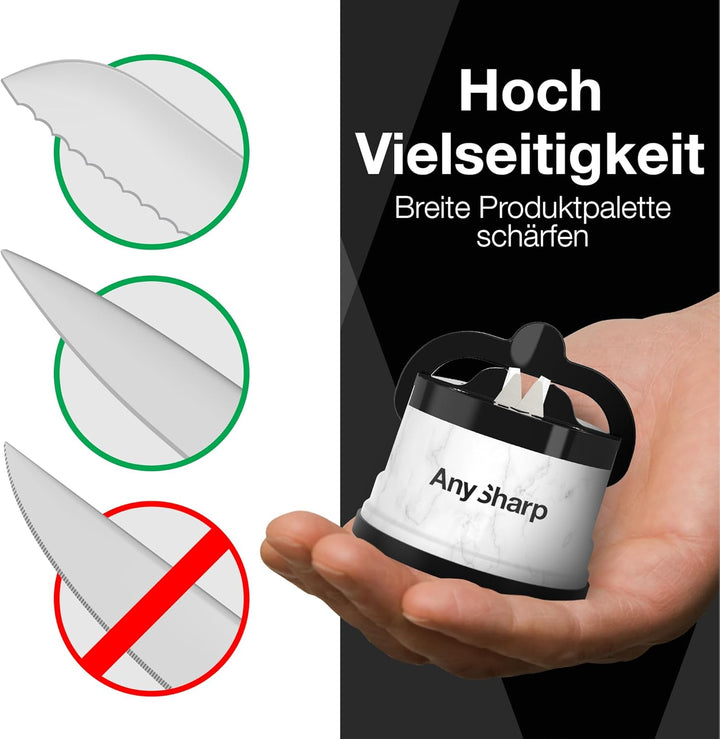 AnySharp Messerschärfer, Freihändige Sicherheit, PowerGrip Saugnapf, Sicheres Schärfen aller Küchenm