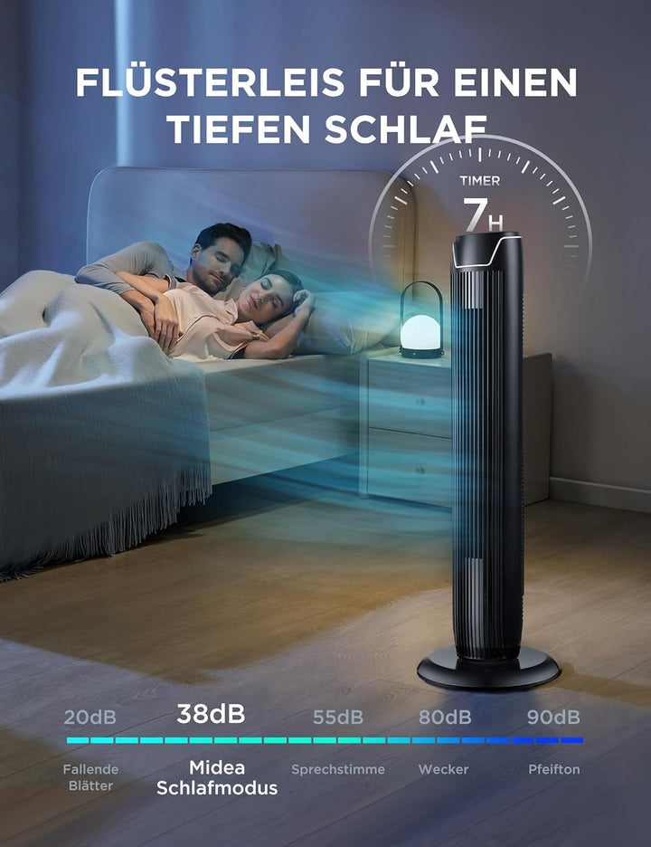 Midea FZ10-17JR Turmventilator Leise mit Fernbedienung 92CM, mobiler Lüfter,Ventilator Säulenventila