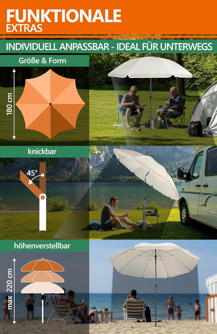 4smile Sonnenschirm Strand SunnyJoy 3-IN-1-SET, Fb. Beige - Strandschirm Ø 180 cm + Bodenhülse + Sch