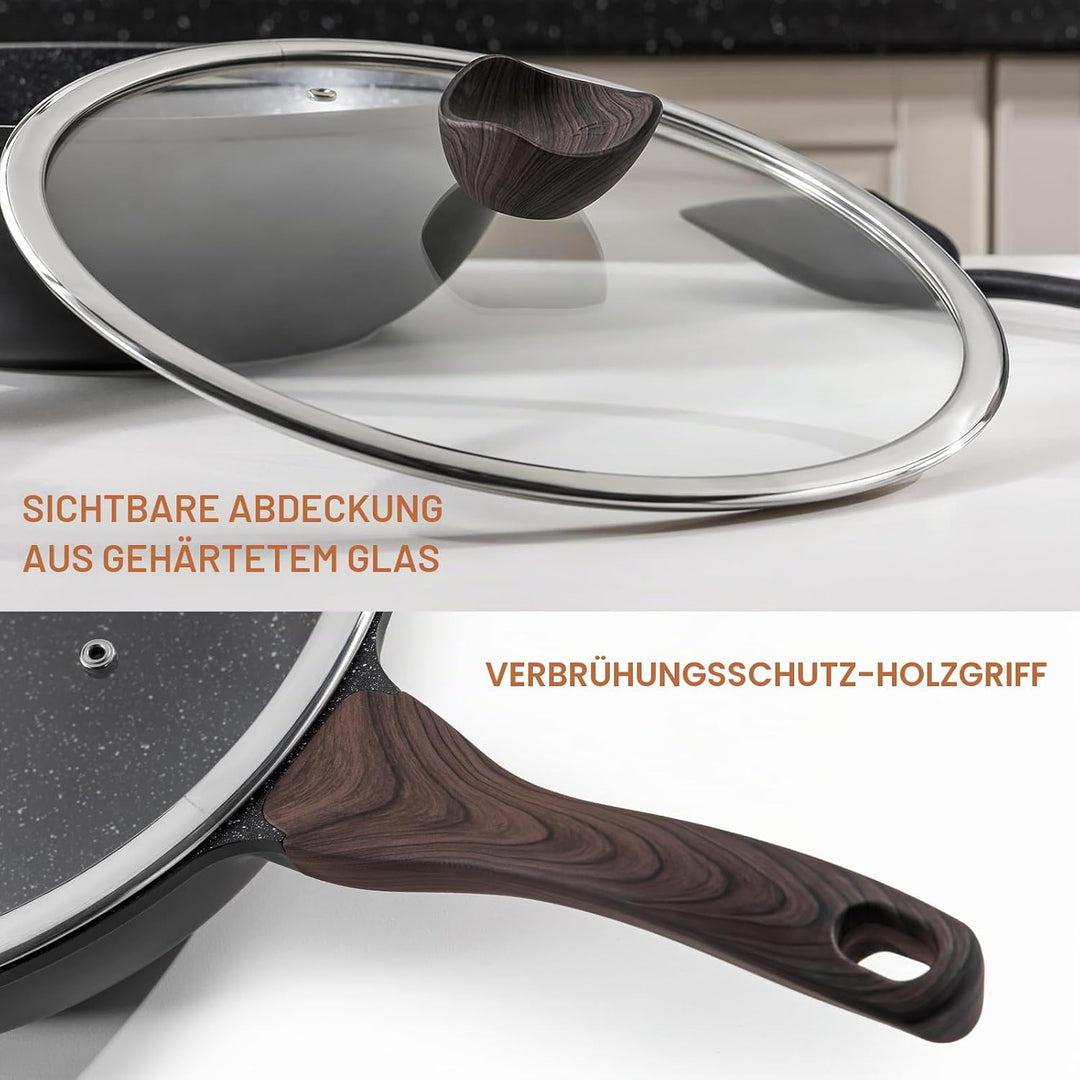 Kordisen Wokpfanne induktion, 30,5 cm Nonstick Wokpfanne mit Deckel, Woks & Bratpfannen, Granitstein
