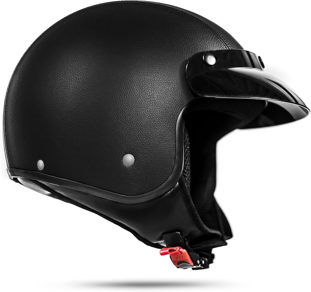 ATO-Moto Classic Kunstleder Jethelm in Schwarz matt - extrem leicht - aktuelle Sicherheitsnorm ECE 2