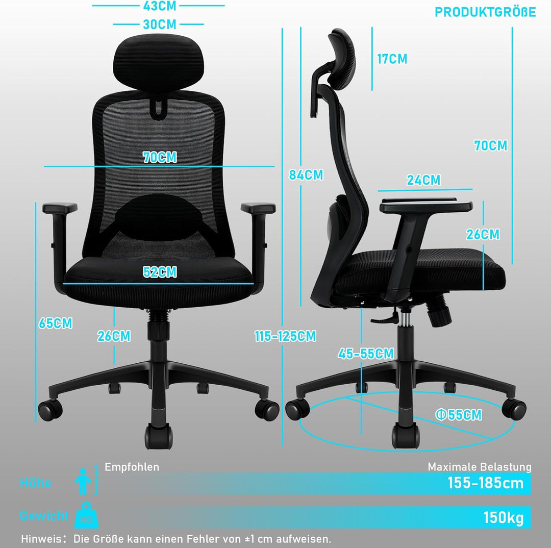 Bürostuhl, Ergonomischer Bürostuhl mit Verstellbarer 4D Lendenwirbelstütze, Schreibtischstuhl mit Ko