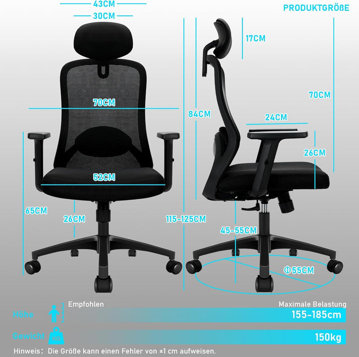 Bürostuhl, Ergonomischer Bürostuhl mit Verstellbarer 4D Lendenwirbelstütze, Schreibtischstuhl mit Ko