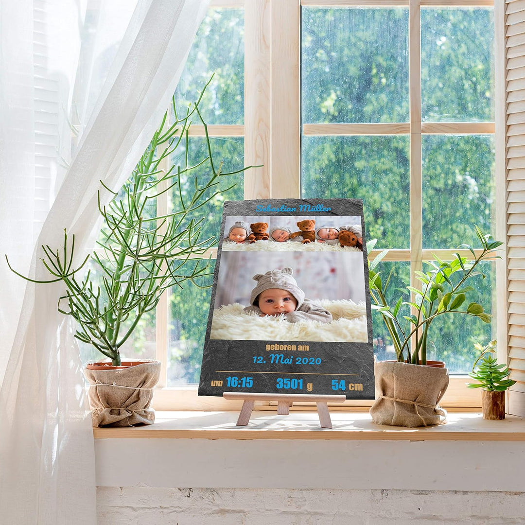 wandmotiv24 Schieferplatte mit eigenen Fotos zur Geburt, 20 x 30 cm, inklusive Staffelei, 4 Fotos +