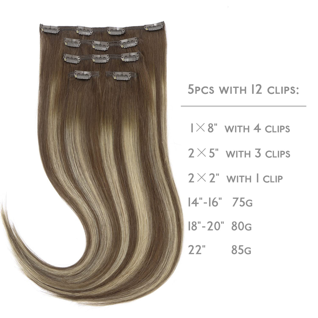 WENNALIFE Clip in Extensions Echthaar, 75g 5pcs 40cm Balayage Schokoladenbraun bis Honigblond Extens