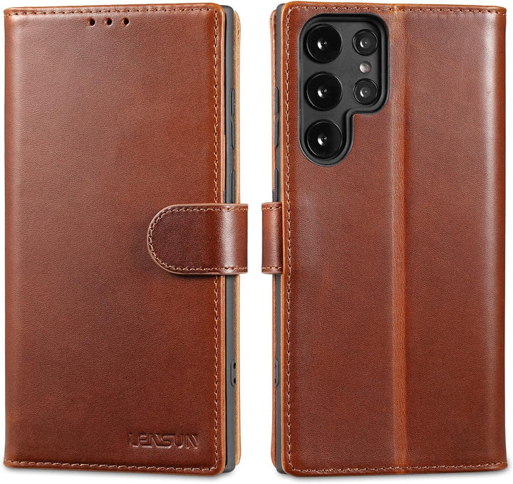 LENSUN Echtleder Hülle für Samsung Galaxy S22 Ultra, Handyhülle [Echtes Leder][Kartenfach][RFID Schu