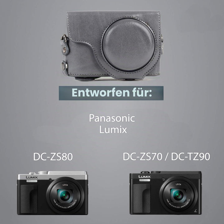 MegaGear MG1261 Panasonic Lumix DC-TZ95, DC-TZ90 Ever Ready Leder Kamera-Case mit Trageriemen - Grau
