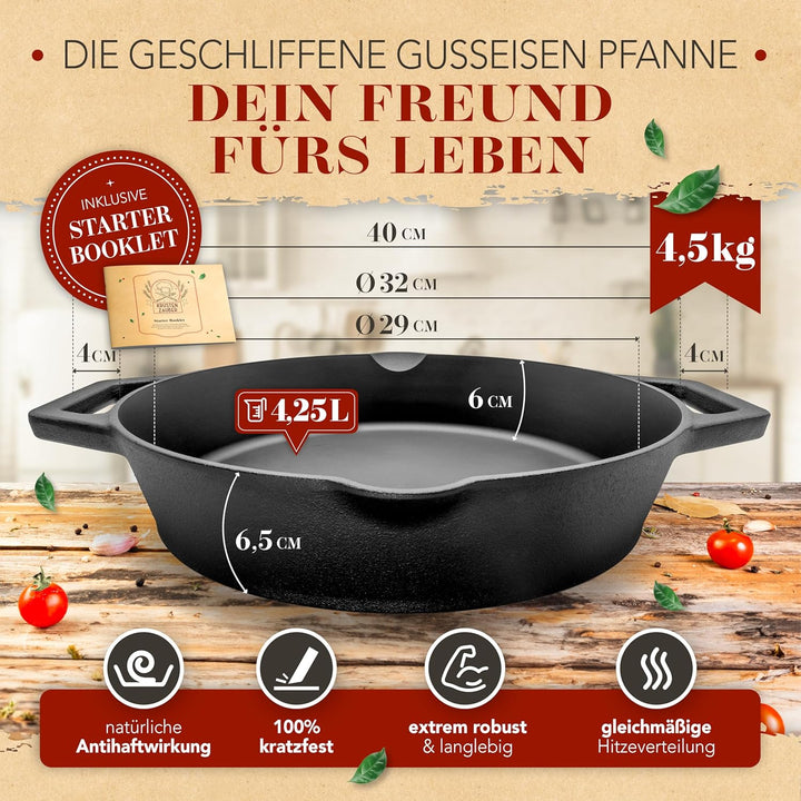 KRUSTENZAUBER Gusseisenpfanne Induktion 32cm Doppelgriff - inkl. Anleitung und Rezeptbuch - Geschlif