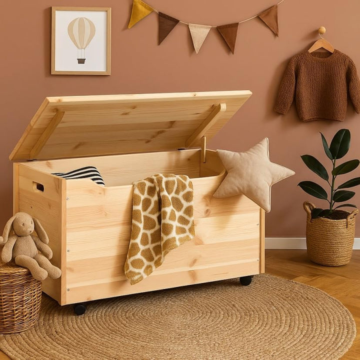 Pinus - Holzkiste mit Deckel auf Rollen, 90x48x51 cm, Gross Holzbox über Spielzeug, Ideal Spielzeugk