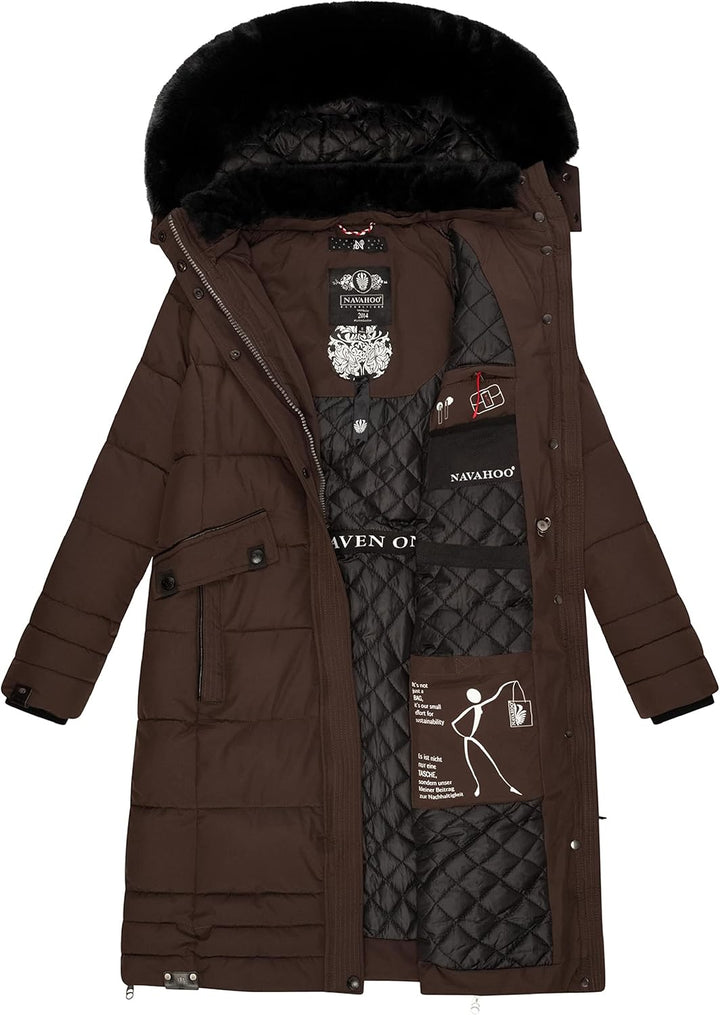 Navahoo Damen Wintermantel Warmer Steppmantel lang mit Abnehmbarer Kapuze Fahmiyaa XS-3XL 3XL Dark C