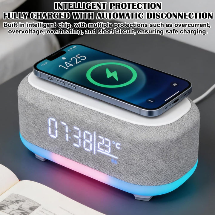 GBKDQQ Digitaler Radiowecker mit Kabelloser Ladestation, 15W Fast Wireless Charger, Bluetooth Wecker